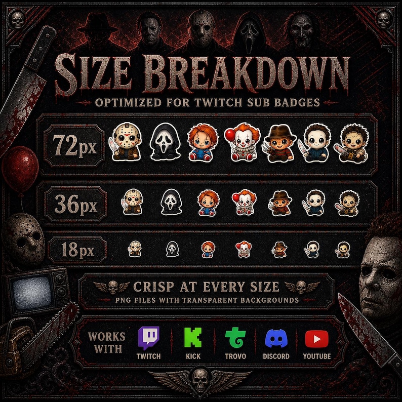 Chibi-Horror-Twitch-Abzeichen | 7-stufiges Bit-Abzeichen-Set für Kick- und Discord-Rollensymbole | PNG-Download Bild 3