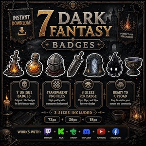 Dark Fantasy Soulslike Twitch Sub Badges + Bit Badges | Kick Sub Badges Discord Role Icons | 7 Tier Stream Badges