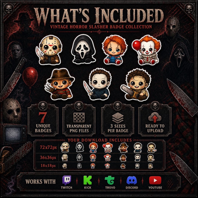 Chibi-Horror-Twitch-Abzeichen | 7-stufiges Bit-Abzeichen-Set für Kick- und Discord-Rollensymbole | PNG-Download Bild 2