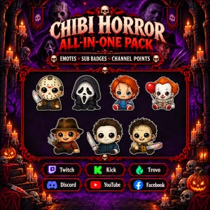 Insignias de suscriptor de terror chibi, insignias de suscriptor de Twitch y emoticonos de Discord, Kick, emoticonos de miembros de YouTube, iconos de puntos de canal, paquete de transmisión de slasher lindo