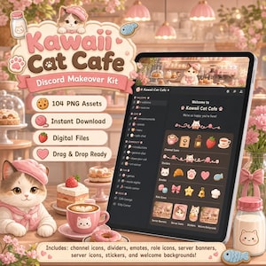 以下が含まれることがあります： 104個のPNG素材を含むデジタルKawaii Cat Cafe Discordメイクオーバーキット。タブレット画面には、チャンネルアイコン、仕切り、エモート、ロールアイコン、サーバーバナー、ステッカー、背景など、テーマに沿ったインターフェースが表示されています。