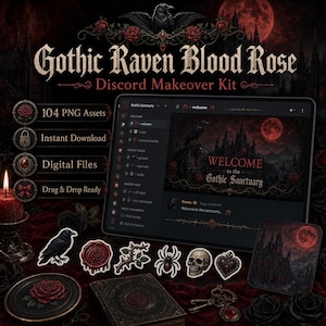 以下が含まれることがあります： Gothic Raven Blood RoseというタイトルのDiscord用デジタルメイクオーバーキット。104個のPNGアセットが含まれています。タブレット画面には、ゴシック様式の城、カラス、赤いバラが描かれたダークなインターフェースが表示されています。ドクロ、クモ、封蝋のアイコンが含まれています。