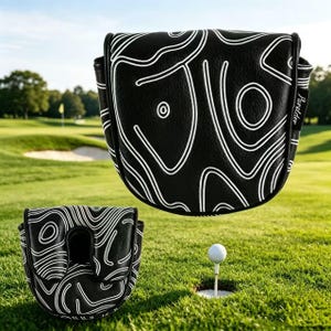 May include: A black golf putter headcover featuring a white topographic map line pattern. The cover has a rounded shape with a small black tag on the side displaying the white text Parelder. A second view shows the underside opening.
