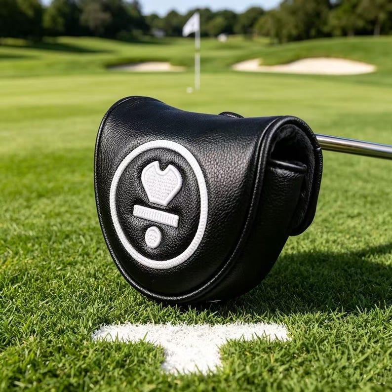 May include: A black leather-textured golf putter headcover featuring a circular white embroidered logo with a stylized heart and horizontal bar design. The cover is shaped to fit a mallet-style putter and is attached to a metallic silver shaft.