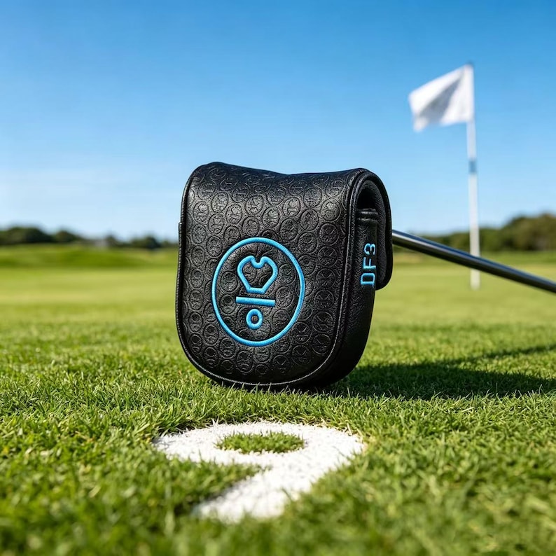 May include: A black golf putter headcover featuring a repeating circular pattern and a central blue circular logo with a stylized icon. The text DF3 is embroidered in blue on the side of the cover, which is positioned on a green golf course.