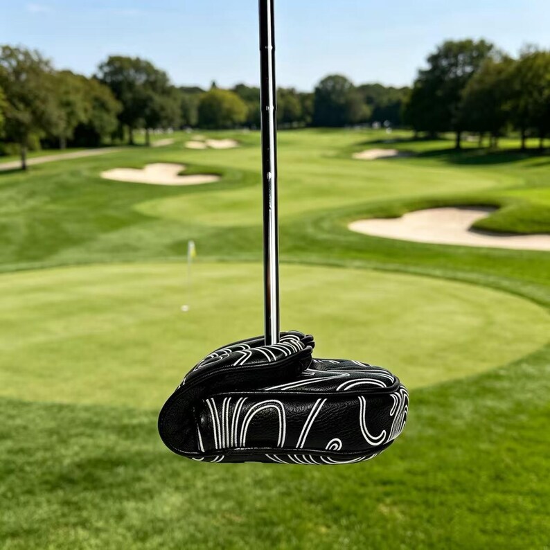 May include: A black golf putter headcover featuring a white swirling line pattern, attached to a metallic silver putter shaft. The headcover has a rounded, compact shape and is positioned vertically against a blurred green golf course background.