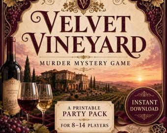 Jogo de Mistério de Assassinato para Imprimir | Jogo de Festa Velvet Vineyard | 8 a 14 Jogadores | Kit para Jantar com Download Imediato
