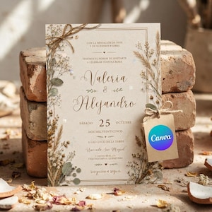 Invitación de Boda Floral Rústica Editable, Invitación Flores Secas Pampas, Plantilla Canva Invitaciones de Boda, Descarga Digital