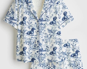 Dachshund Toile Print Satin Pajama Set, Short Sleeve Button-Up Sleepwear