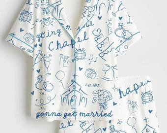 サテンのブライダルパジャマセット、「チャペルへ行く」プリント、独身最後のパーティー用ナイトウェア
