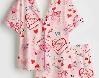 Satin Pajama Set, Heart Roses Lipstick Print Sleepwear, Valentine's Day Loungewear