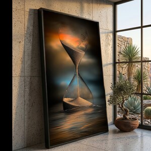 Timeless Hourglass Canvas Wall Art, Sand Flowing Glass, Sunset Reflection Art, Modern Home Decoration, Conceptual Timepiece Canvas