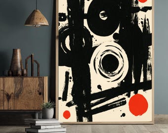 Bold Black Circles Abstract Canvas, Modern Minimalist Wall Art, Red Accent Dots, Geometric Shapes Canvas, Contemporary Home Decor
