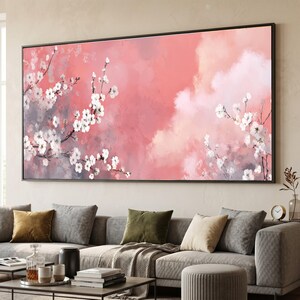 Cuadro de flores de cerezo, decoración de pared con ramas florales rosas, lienzo de flores de primavera, arte de pared en tonos pastel suaves, lienzo de naturaleza elegante