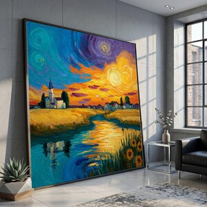 Vibrant Sunset Landscape Canvas, River Reflection Wall Art, Sunflower Field Painting, Countryside Scene Canvas, Home Decor Wall Hanging