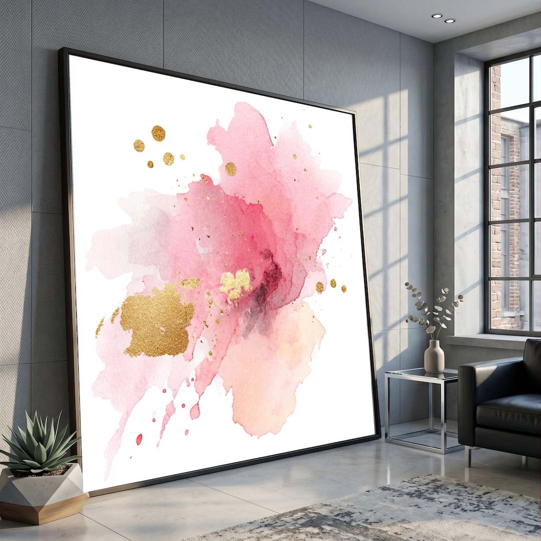 Pink and Gold Abstract Splash Canvas, Modern Watercolor Wall Art ...