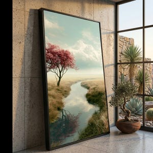 Serene River Landscape Canvas, Pink Blossom Tree, Reflective Water Art, Tranquil Nature Scene, Pastel Sky Wall Decor, Scenic Home Decoration
