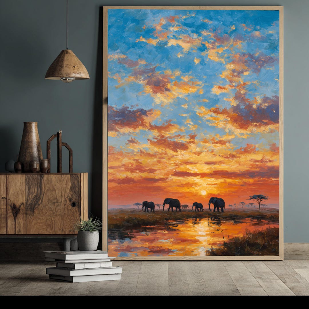 African Sunset With Elephants Canvas, Wildlife Landscape Wall Art ...