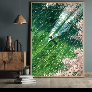 Surfer op oceaangolf, canvas opspattend water, muurkunst groen uitzicht op zee, levendige surfscène, woondecoratie kust