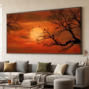 Canvastavla med solnedgångssilhuett, fågelflykt, canvas med orange himmel, landskap med kala träd, stämningsfull solnedgång heminredning