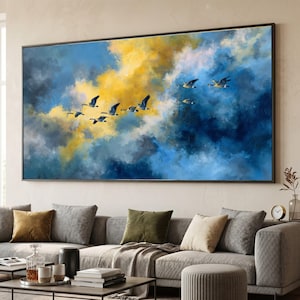 Migrating Geese Dramatic Sky Canvas, Flying Birds Wall Art, Blue and Yellow Clouds Canvas, Nature Scene Decoration, Wildlife Canvas Print