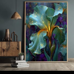 Glowing Iris Bloom Canvas Wall Art, Illuminated Floral Painting, Blue Green Flower Decor, Botanical Canvas Print, Home Wall Decoration