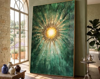 Radiant Sunburst Canvas Wall Art, Abstract Green and Gold Canvas, Modern Home Decoration, Vibrant Light Centerpiece
