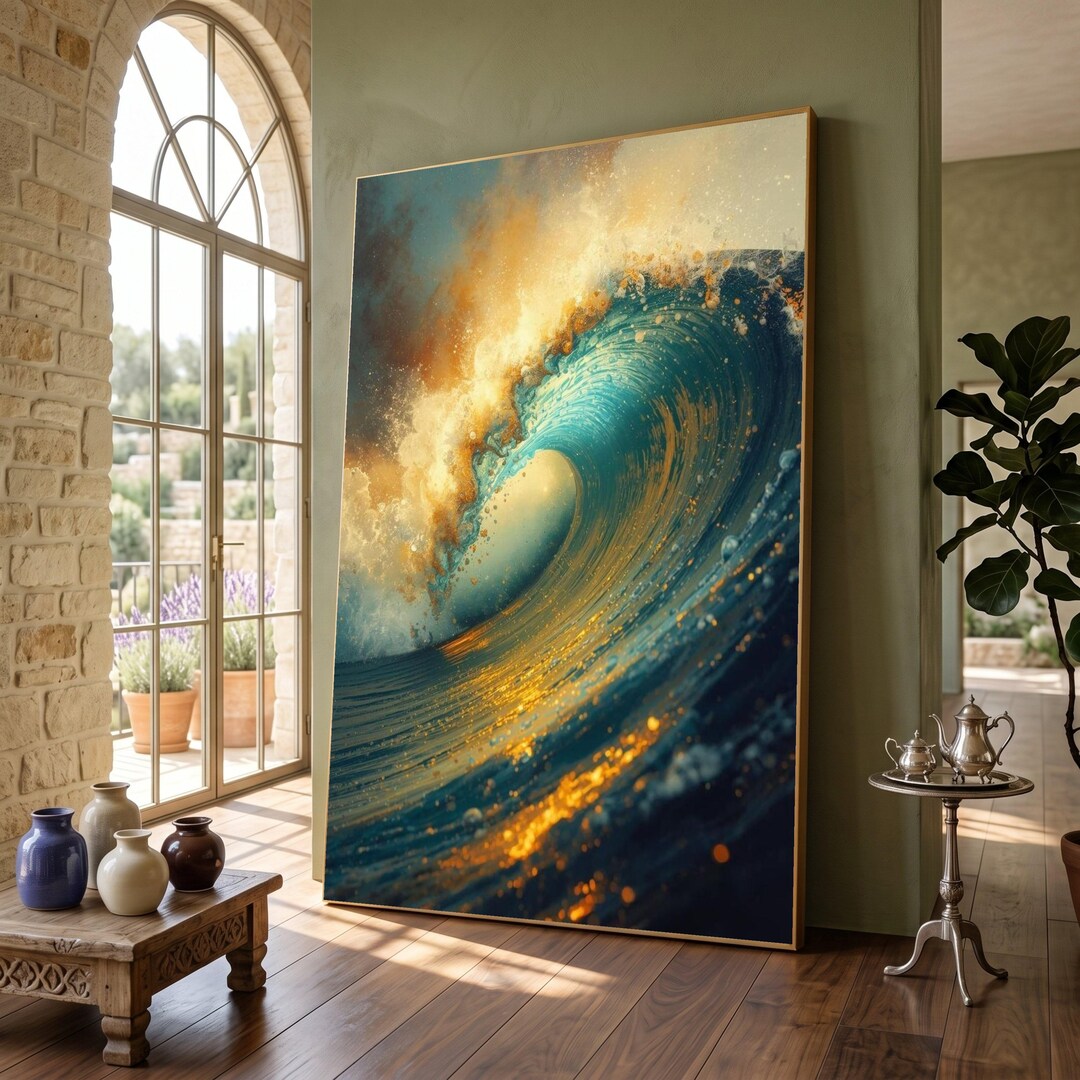 Ocean Wave Canvas Wall Art, Golden Sunset Sea Wave, Coastal Nature ...