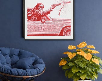 Bold Nun Shooting Revolver Canvas, Retro Car Illustration, Edgy Red Ink Art, Statement Wall Decor, Urban Canvas Print