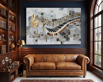 May include: An abstract painting depicting a gold treble clef and a piano keyboard with musical notation. The artwork has a textured background in neutral tones and is displayed in a room with a leather sofa and a patterned rug.