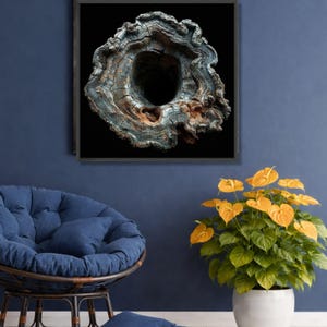 May include: A framed artwork featuring a detailed cross-section of a tree trunk, showcasing concentric rings and a central void. The wood displays a mix of gray, brown, and reddish hues, with visible textures and patterns. The artwork is displayed on a dark blue wall.