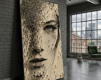 Surreal Human Crowd Face Canvas, Abstract People Portrait Art, Modern Wall Decor, Sepia Tone Canvas, Large Face Silhouette Print