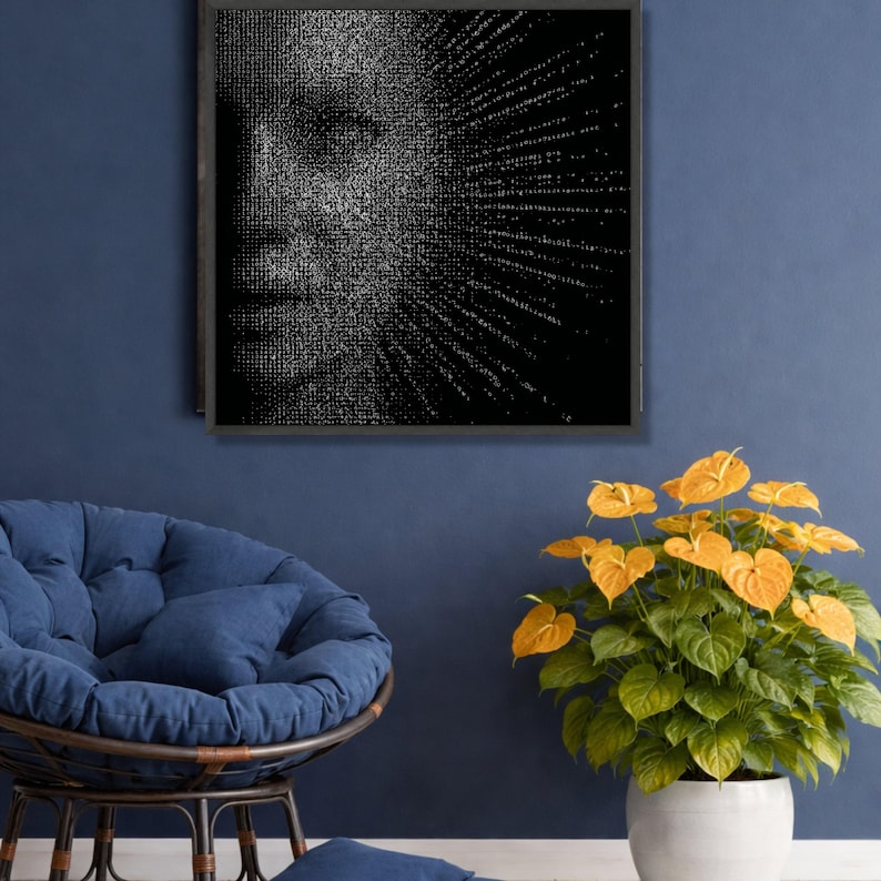 Abstract Digital Face Canvas, Binary Code Art, Modern Tech Portrait, Contemporary Decor image 1