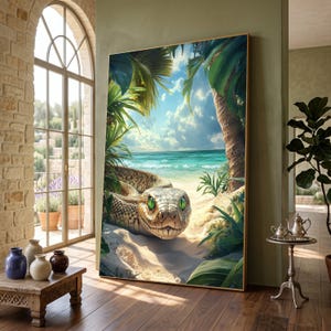 Op de afbeelding: Een ingelijste kunstdruk toont een slang op een zandstrand met palmbomen en oceaangolven onder een blauwe lucht. De slang heeft groene ogen en een patroon op het lichaam. Het kunstwerk wordt getoond in een kamer met een raam en houten vloer.