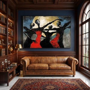 Lienzo abstracto de danza flamenca, arte expresivo de vestido rojo, arte mural figurativo moderno, lienzo de movimiento dinámico, pintura para decoración del hogar