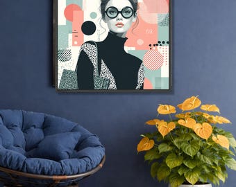 Modern Chic Woman Portrait Canvas, Abstract Geometric Art, Stylish Female Wall Decor, Fashion Illustration Canvas, Contemporary Room Accent