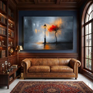 Illuminated Street Lamp and Red Tree Canvas, Night Urban Scene Wall Art, Modern Cityscape Canvas, Moody Light Reflection Canvas, Home Decor
