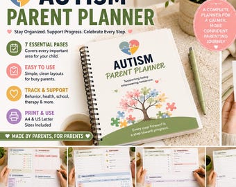 May include: A spiral-bound Autism Parent Planner with a tree graphic made of puzzle pieces on the cover. The planner includes pages for child information, daily planning, behavior, health, school, therapy, and organization, available in A4 and US Letter sizes.
