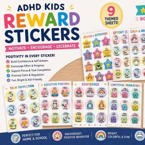Puede incluir: Un conjunto de pegatinas de recompensa para niños con TDAH que incluye 9 hojas temáticas con más de 200 pegatinas coloridas. La colección presenta varios diseños como estrellas, arcoíris y personajes con texto, junto a una tabla de recompensas.