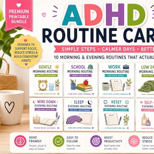 Può includere: Un set di 10 carte routine ADHD con testo colorato e illustrazioni per le attività mattutine e serali. Le carte includono etichette come routine delicate, scolastiche, lavorative, a bassa energia, del fine settimana, di relax, del sonno, di reset, di cura personale e familiari.