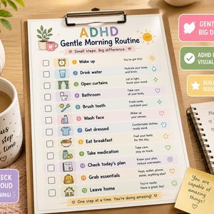 May include: A clipboard featuring an ADHD Gentle Morning Routine checklist with twelve numbered steps, colorful icons, and motivational text. The document includes tasks like wake up, drink water, and brush teeth, alongside a notepad with morning intentions.