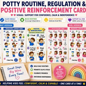 Könnte beinhalten: Ein Set aus druckbaren Karten für die Töpfchenroutine, Emotionsregulation und positive Verstärkung mit illustrierten Jungen- und Mädchenfiguren. Die Karten enthalten Textbeschriftungen für tägliche Aufgaben und Ermutigungen.
