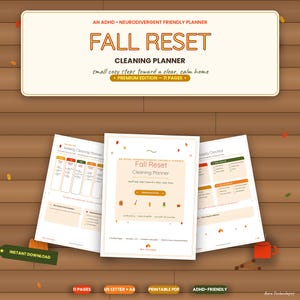 Könnte beinhalten: Ein digitaler Reinigungsplaner mit dem Titel Fall Reset und dem Untertitel small cozy steps toward a clear, calm home. Das Set enthält 11 Seiten in US-Letter- und A4-Größe, inklusive eines wöchentlichen Reinigungsplans und einer Checkliste.