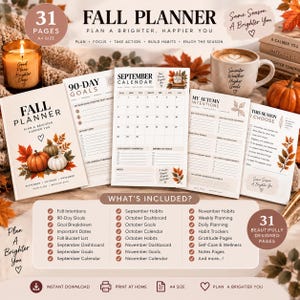 May include: A 31-page A4 fall planner set featuring a cover with pumpkins and autumn leaves, a 90-day goals sheet, a September calendar, an autumn intentions page, and a this season I choose page, all with text including Fall Planner.