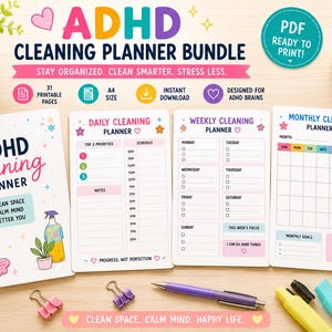 Reinigungsplaner für ADHS (PDF zum Ausdrucken) | Checklisten-Set für die Reinigung | Planer für Exekutivfunktionsstörungen | Haushaltsorganisation | A4-Download