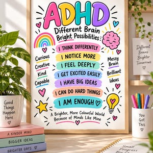 May include: A framed poster with the title ADHD in colourful letters, featuring a rainbow, a brain illustration, and a lightbulb. The text includes phrases like I think differently, I notice more, I feel deeply, I get excited easily, I have big ideas, I can do hard things, and I am enough, with the caption A brighter, more colourful world because of minds like mine.