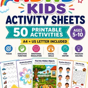 May include: A printable PDF bundle of ADHD kids activity sheets featuring 50 activities for ages 5-10. The cover displays colorful text, icons for focus, executive function, emotional regulation, social skills, fine motor, and problem solving.