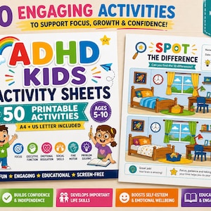 May include: A spiral-bound activity book titled ADHD Kids Activity Sheets with 50 printable activities for ages 5-10. The cover features illustrations of two children, a rainbow, and icons for focus and skills. A sample page shows a Spot the Difference game.