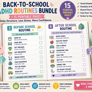 May include: A printable ADHD routines bundle featuring 15 pages of checklists for before and after school. The open pages display daily tasks like wake up, make bed, wash hands, and homework time with colourful icons and checkboxes for tracking progress.