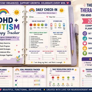 Könnte beinhalten: Ein Ringbuch-Planer mit dem Titel ADHD + AUTISM Therapy Tracker mit bunten Grafiken wie Regenbögen und Sonnen. Die Seiten enthalten tägliche Check-in-Abschnitte, Energie-Level-Tracker und Zielplanungsblätter mit Textvorgaben zur Fortschrittskontrolle.